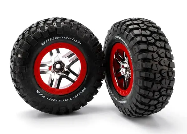 Traxxas Sct S1 Bfg T/A Km2 Mud Tyres On Chrome Split Spoke Wheels W/ Red Beadlock 2Pcs - 5877R 1