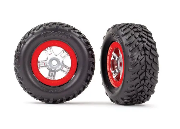 Traxxas 1:16 Sct Off Road Tyres On Satin Chrome Split Spoke Wheels W/ Red Beadlock 2Pcs - 7073A 1