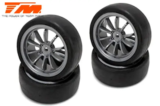 Team Magic Slick Rubber Tyre On 10-Spoke Flat Silver Wheel 4Pck - Tm503334fs 1