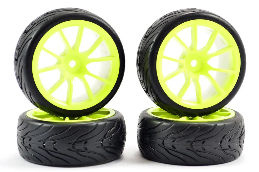 1/10Th On Road Street/Tread Tyres 10Sp Neon Yellow Wheels - Set Of 4 1