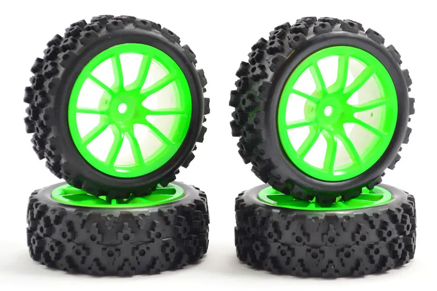 1/10Th On Road Street/Rally Tyres 10Sp Green Wheels - Set Of 4 1